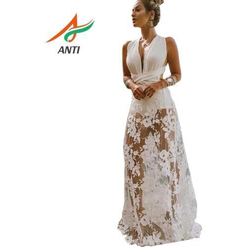 ANTI Fashion White Women A-Line Long Evening Dress 2019 Sexy V-Neck Gown Appliques Satin Backless Slim Fit Robe De Soiree LM058