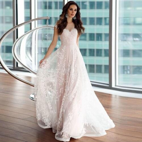 Pink Princess Wedding Dresses Cap Sleeve Scoop Neck Delicate Lace Applique A-line Tulle Bridal Gowns Robe Mariee