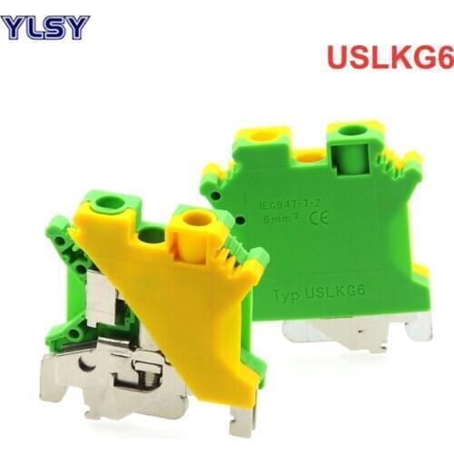 1Pcs Ground Terminal Blocks USLKG6 DIN Rail Screw Terminal Blocks UK-6N Yellow Green Earthing Morsettiera Wire Connector 6mm2