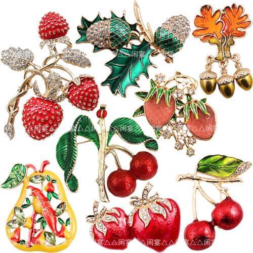 1pc New European and American retro Diy Brooch Vintage Enamel Cherry strawberry pear acorn Lapel Pins Badge for women New Year