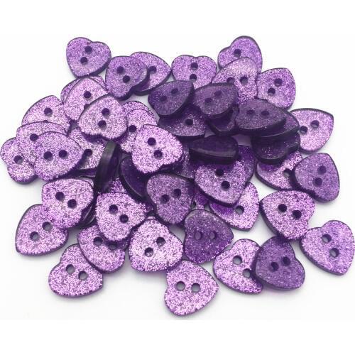 200pcs 12x13mm Glitter Heart 2 Holes Buttons Glitter Resin Sparkle Button Embellishments Scrapbooking Cardmaking Purple Color