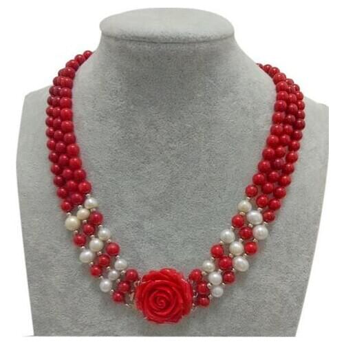 3 Rows 7-8mm White Freshwater Pearls & Red Coral Beads Flower Clasp Necklace (17"-19")