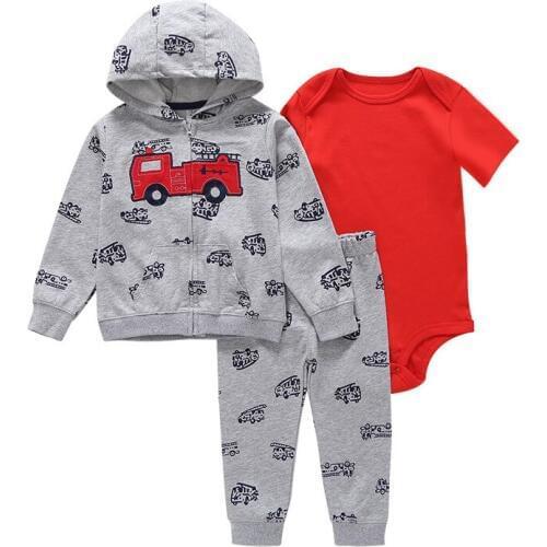 Cartered toddler Baby Boy Bodysuit Set 3pcs pack Hooded Short Sleeve Outwear+Short Sleeve Bodysuit+Pants Cotton Baby Clothes Set