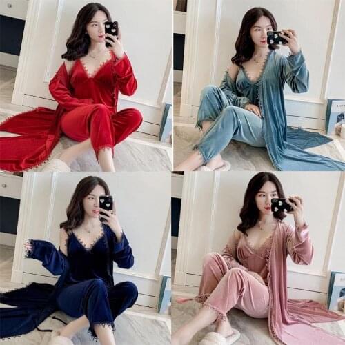 3 Pcs Gold Velvet Pajamas for Women Winter Hallow Sexy Sleepwear Warm Robe Suit Plus Size V-neck Ladies Home Clothes Pijama