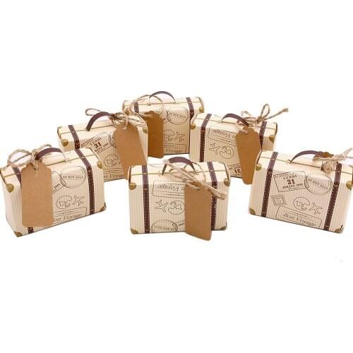 50pcs Mini Suitcase Favor Box Party Favor Candy Box, Vintage Kraft Paper with Tags and rope for Wedding/Travel Themed Party/Br