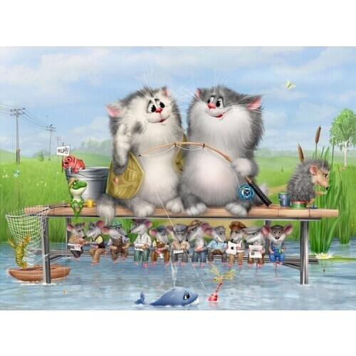 Full Drill Square/Round Diamond 5D DIY Diamond Painting Embroidery Cross Stitch Cats&Mice Fishing Rhinestone Mosaic Painting