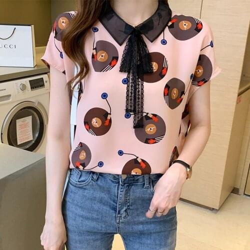 Blouses Women Chiffon Short Sleeve Summer Top Lace Bow Printed Shirt Tops Blusas Mujer De Moda 2021 Verano