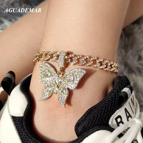 Iced out Crystal Rhinestone Butterfly Anklets for Women Punk Mimai Cuban Link Anklet Bracelet Chunky Ankle Chain Barefoot Jewely