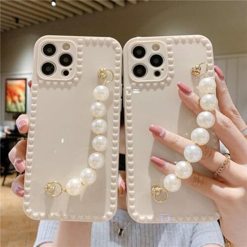 Cute love heart frame with pearl chain Phone case for iphone 12 11 pro max mini SE20 7 8 plus X XR XS MAX clear soft cover gril