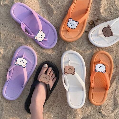 Womens Slippers Summer Flip Flop Thicken Flexible Sole Soft Bath Slip Cute Cartoon Bear Design Antislip Sole Flat Slides