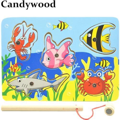 Kids Wooden Toys Educational Learning Wood Magnet Fishing Game Small Magnetic Puzzle Table Farm Education Toys For Children
