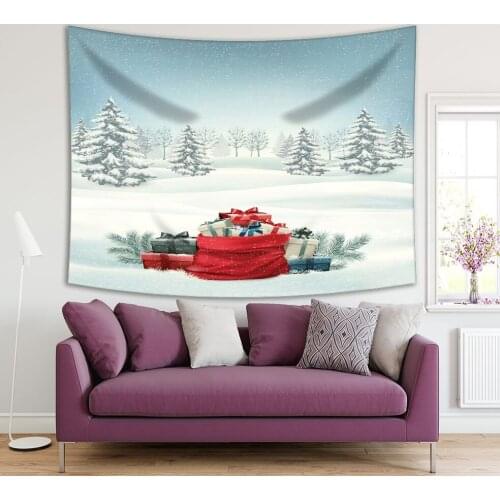 Tapestry Snowy Fir Tree Forest Snowflakes Christmas Holiday Gift Boxes Winter Seasonal Landscape Blue White Red Art Printed