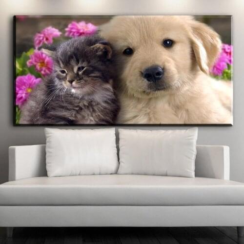 Canvas Painting cute dog and cat Canvas Poster Print for living room bedroom home decoration