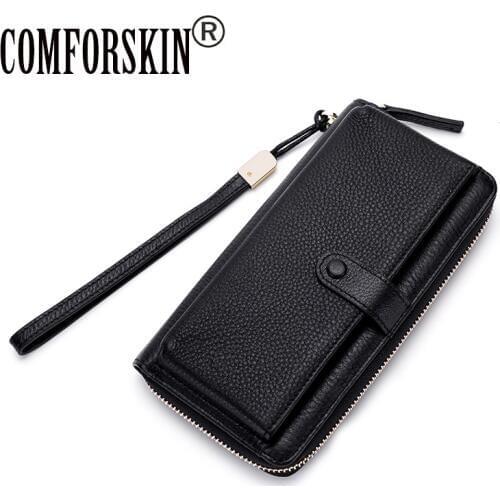 COMFORSKIN Premium 100% Genuine Leather Women Zipper Purse Long Litchi Pattern Ladies Wallet Multi-function Card Wallet Hot Sale