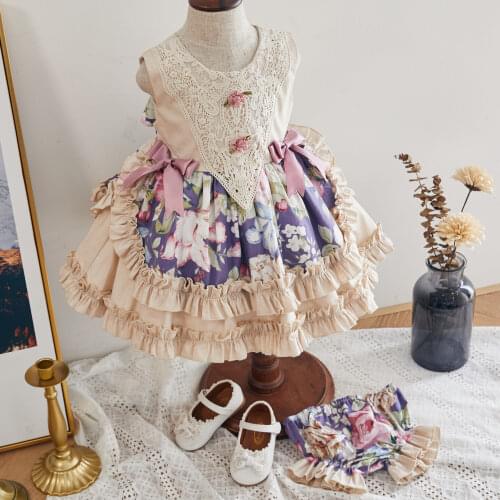 Baby Girl Summer Sleeveless Purple Flower Maid Vintage Spanish Lace England Lolita Princess Ball Gown Dress for Birhtday Party