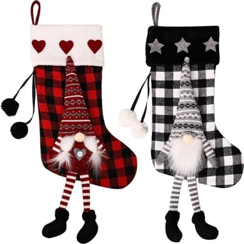Lovely Christmas Tomte Gnomes Stockings Candy Treat Bag Plaid Swedish Santa Xmas Sock Hanging Fireplace Tree Decorations