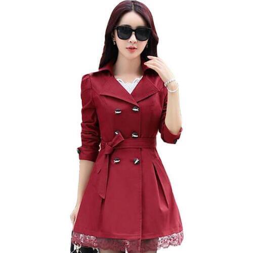 Fashion female spring slim trench coat / womens lace lap style solid colour double breasted long coat / size S-XXXL
