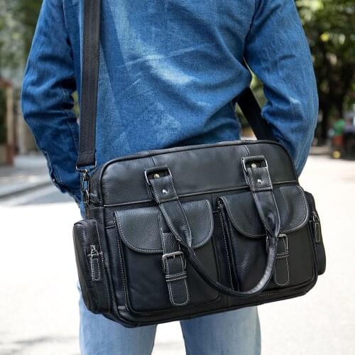 Mens Handbag Real Leather 2021 Male Brand Large Business 15.6" Laptop Note Book File Travel Vintage Black Shoulder Hand Bags