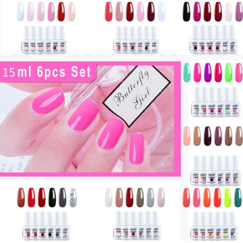 Elite99 6 Pieces/set 15ml Nail Gel Set Shinny Color Gel Lacquer Semi Permanent Soak Off UV Gel Polish Set Hybrid Varnishes