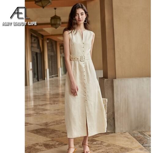 AEL Off white Casual Sleeveless Linen dress for women elegant Maxi Dress with belt 2020 Early autumn new
