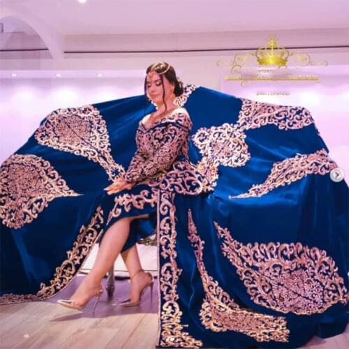Amazing Appliques Off The Shoulder Algerian Dubai Evening Dress Royal Blue Long Sleeves Velour Moroccan Caftan Arabia Prom Gowns