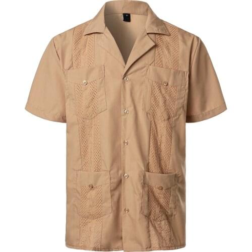 Mens Cuban Camp Embroidered Shirts Button Up Cotton Linen Lapel Collar Shirts Classic Guayabera Loose Fit Wedding Beach Shirt