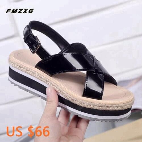 Woman Patent Leather Summer Shoes Woman Casual Sandals Women leather Shoes Open Toe Wedges Platform Sandals Roman Sandals
