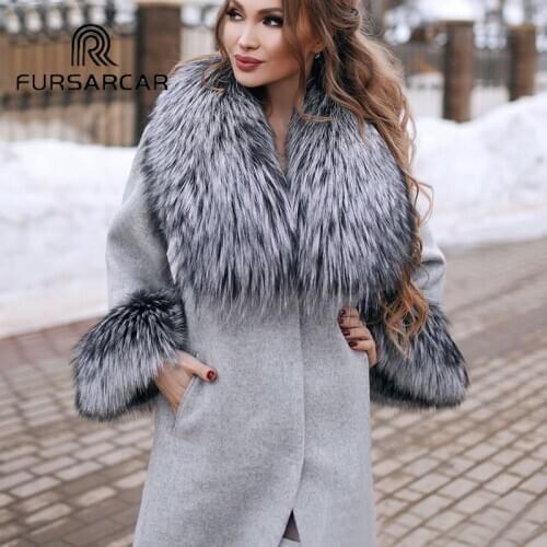 FURSARCAR Natural Real Silver Fox Fur Collar&Cuff Woolen Coat Waist Belt Pockets Autumn Winter Elegant Woolen Skin Fur Overcoats