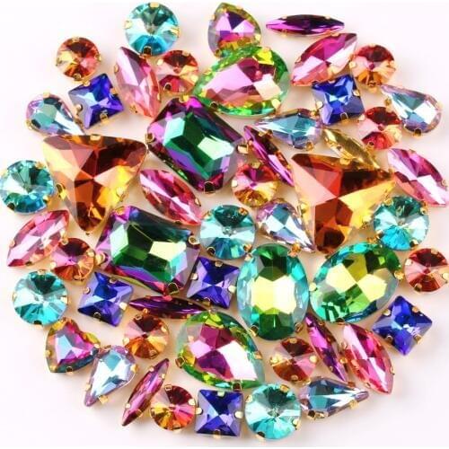 Gold claw settings 50pcs/bag shapes mix rainbow colors mix glass crystal sew on rhinestone garments shoes bags diy trim