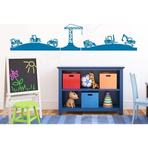 Tractor, Diggers & Crane Landscape Cartoon Wall Sticker Vinyl Home Decor For Kids Boys Room Bedroom Decals Removable Murals 4312
