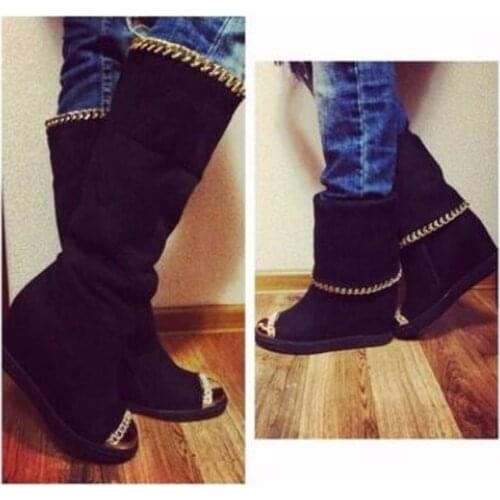 Bling metal round toe wedge boots black suede gold chains height increasing knee high boots woman fashion boots