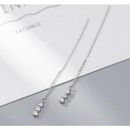 Real S925 Sterling Silver Simple Zircon Drop Earrings Cute Pull Through Threader Earring for Women Girls