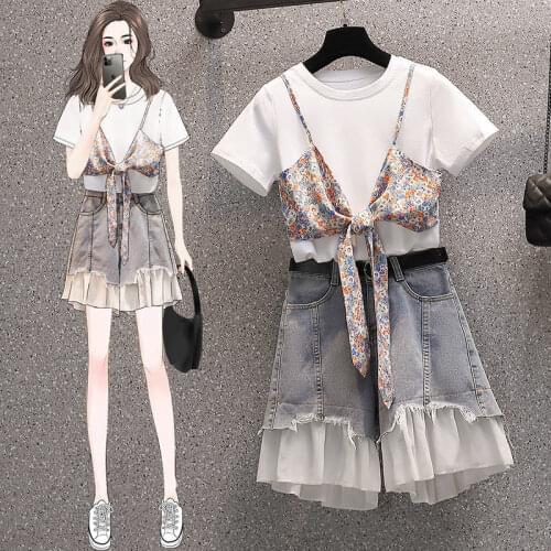 Womens Summer Suit New Harajuku Short-sleeved T-shirt All-match Denim Shorts Stitching Two-piece Suit traf y2k Jeans Streetwear