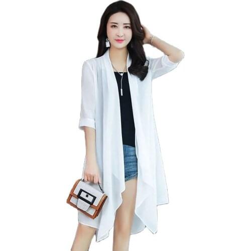 Summer Chiffon Sun Protection Clothing Cardigan Women Long Thin Coat Loose Outcoat Chiffon Shawl Female Windbreaker Elegant 494