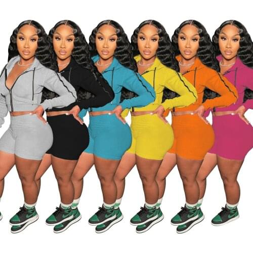 Casual Hooded Two Piece Sportwear Sets Women Tracksuit Long Sleeve Zipper Crop Top and Biker Shorts Autumn Solid Outfits 2021