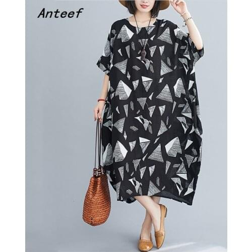Short sleeve cotton plus size vintage print dresses for women casual loose long woman summer dress elegant clothes 2021 sundress