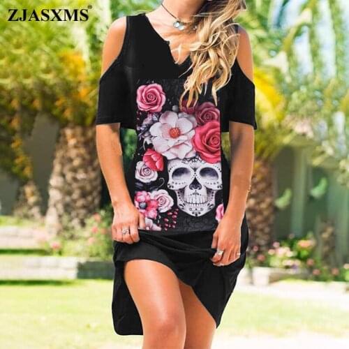 Retro Rose Skull Print Halloween Dress Women Spring Cold Shoulder Midi Party Dress Summer V Neck Short Sleeve Hollow Out Dresses