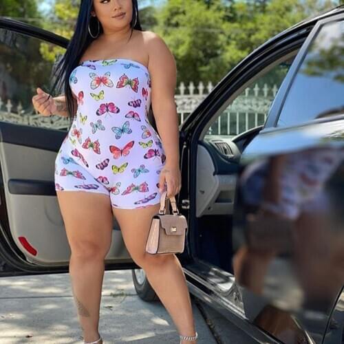 Womens Vintage Butterfly Print Strapless Open Back Beach Bodysuit Women Off Shoulder Sleeveless Short Playsuit One Piece