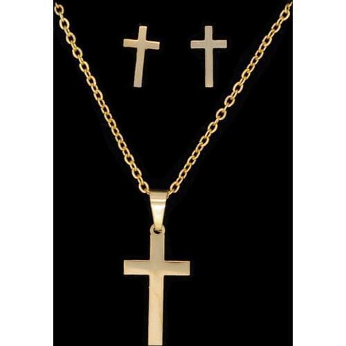 100% Stainless Steel PVD Gold Filled Cross Earring Necklace Jewelry Set 45cm Pendant Necklaces Dropshipping Never Tarnish