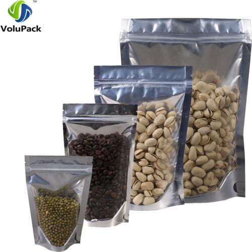 Various Sizes 100pcs Translucent Clear/Silver Self Seal Metallic Foil Zip Lock Pouches Stand Up Storage Bag Package