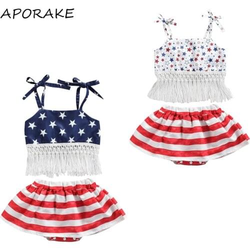 2021 0-18M Independence Day Baby Girl Clothing Set Cute Stars Prnit Sleeveless Tassels Top Vest+Striped Tutu Shorts Skirt 2pcs