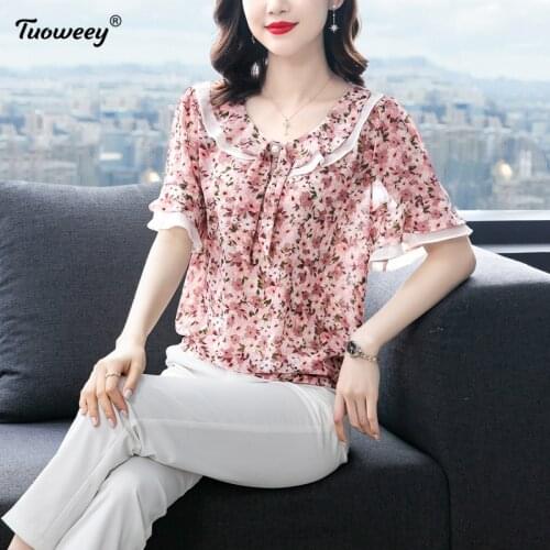 2021 New Fashion Chiffon Women Blouse and Tops Office short Sleeve floral Women Shirts with Tie O Neck Loose Female Clothing