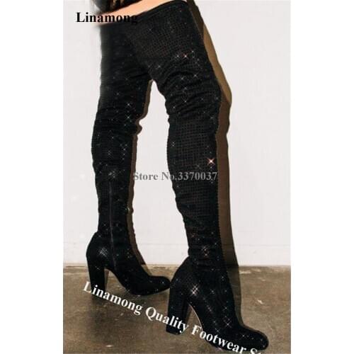 Linamong Bling Bling Black Rhinestone Chunky Heel Over Knee Boots Shining Thigh High Crystal Thick Heel Long Boots Club Shoes