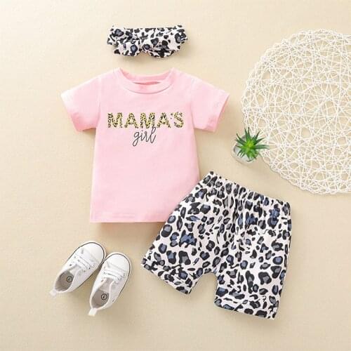 Infant Summer Clothes Set Pink letter print short sleeve Leopard print shorts Scarf Baby Girl Clothing Suit Toddler Outfits
