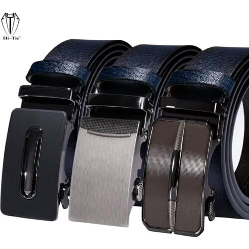 Designer Automatic Buckles Mens Belts Dark Blue Navy Genuine Leather Male Waistband Alloy Button Ratchet Straps for Dress Jeans