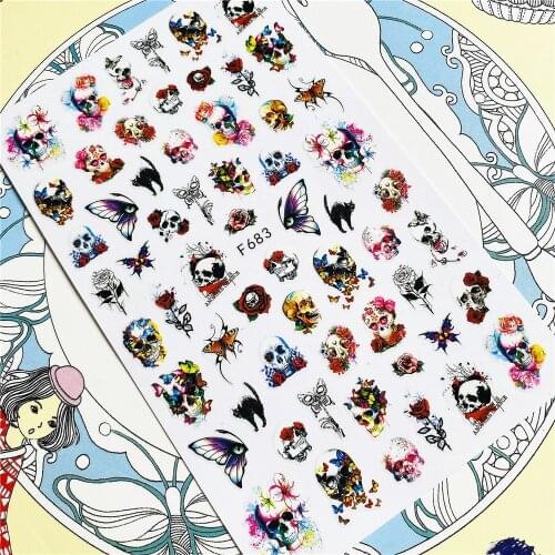 F-614 F-615 F-616 F-682 F-683 Halloween Skull head clown 3D Back glue Nail Art Stickers Decals Sliders Nail ornament decoration