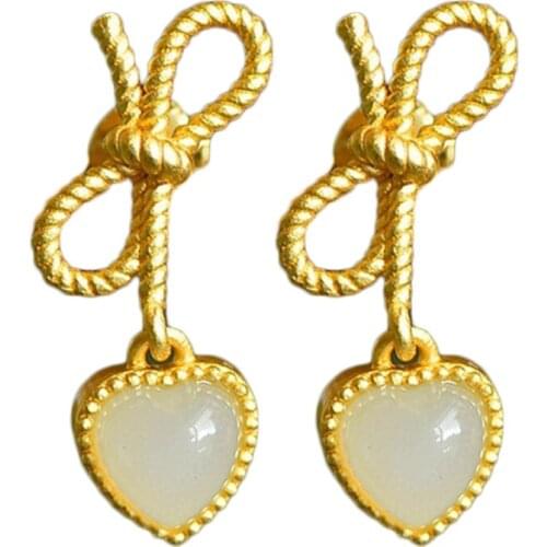 Alloy Inlaid Hetian Jade Bow Heart Earrings Fashion Women Chic Heart Shape Bowkont Earrings Jewelry Accessaries