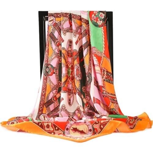 Artificial Silk Square Scarf Female 90cm Belt Horseshoe Print Retro Style Smooth Silk Women Scarf 2020 Spring Summer Cool