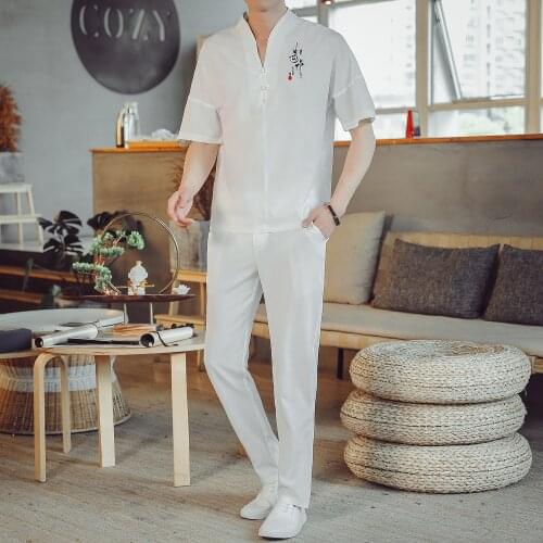 Summer Traditional Chinese Style Linen Tang Suit Men Hanfu Casual Ethnic Print Short Sleeve T-shirt Men Tang Suit Kungfu Clothes