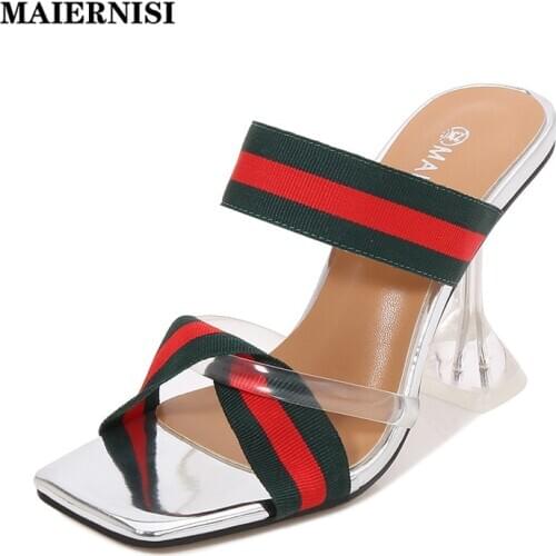 MAIERNISI Large Size 45 46 High Heels Pumps Fish Toe Open Toe Slippers Designer New Sexy Striped High-Heeled Sandals For Women